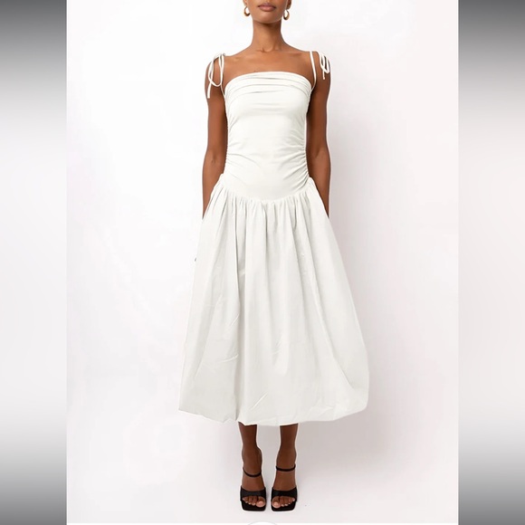 Commense XS White Tie Strap Midi Dress Cottagecore Minimalist Bubble Hem Dress - Picture 3 of 5
